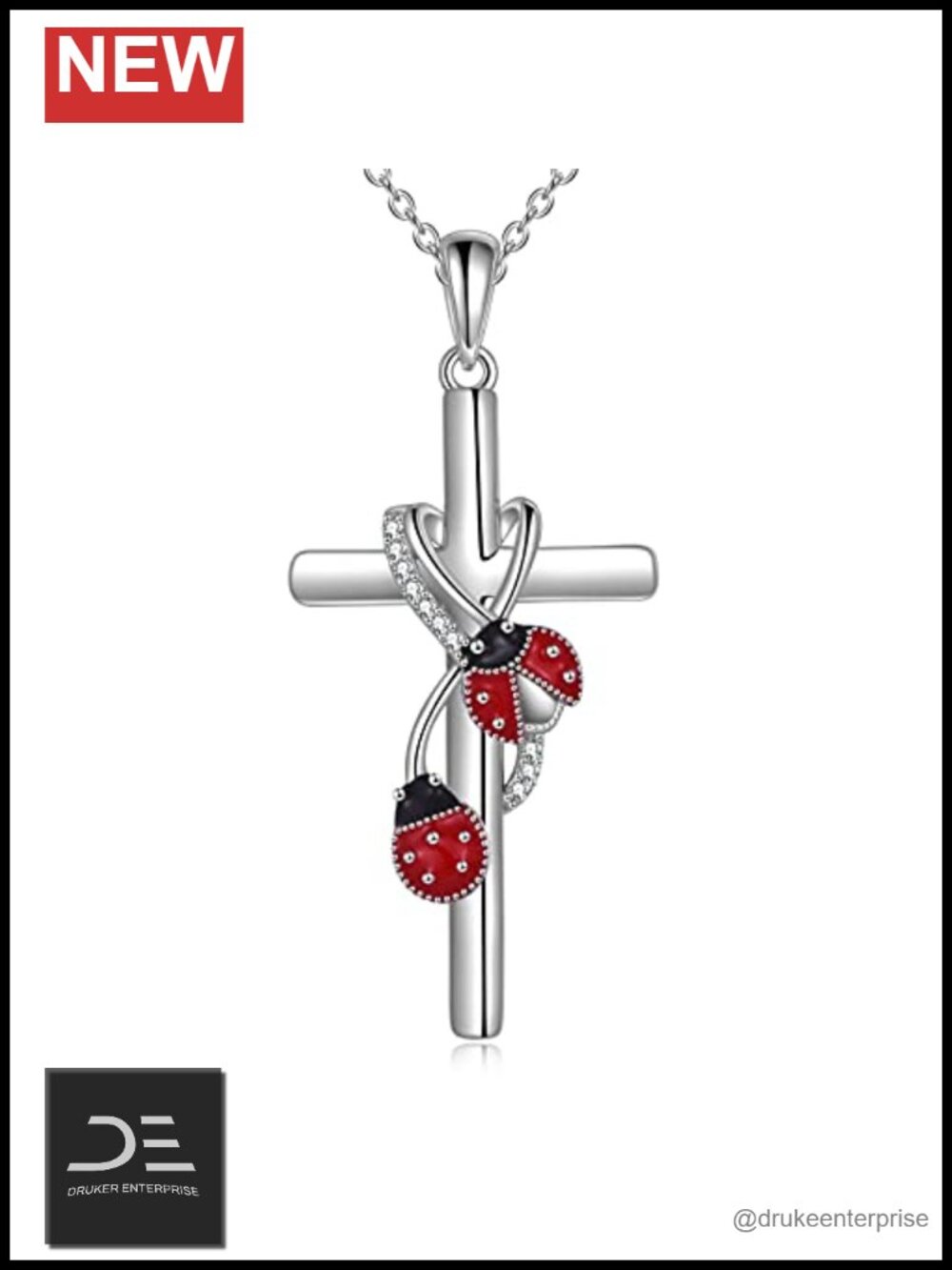 Sterling Silver 925 Ladybug Cross Pendant Necklace 18" Rolo Chain